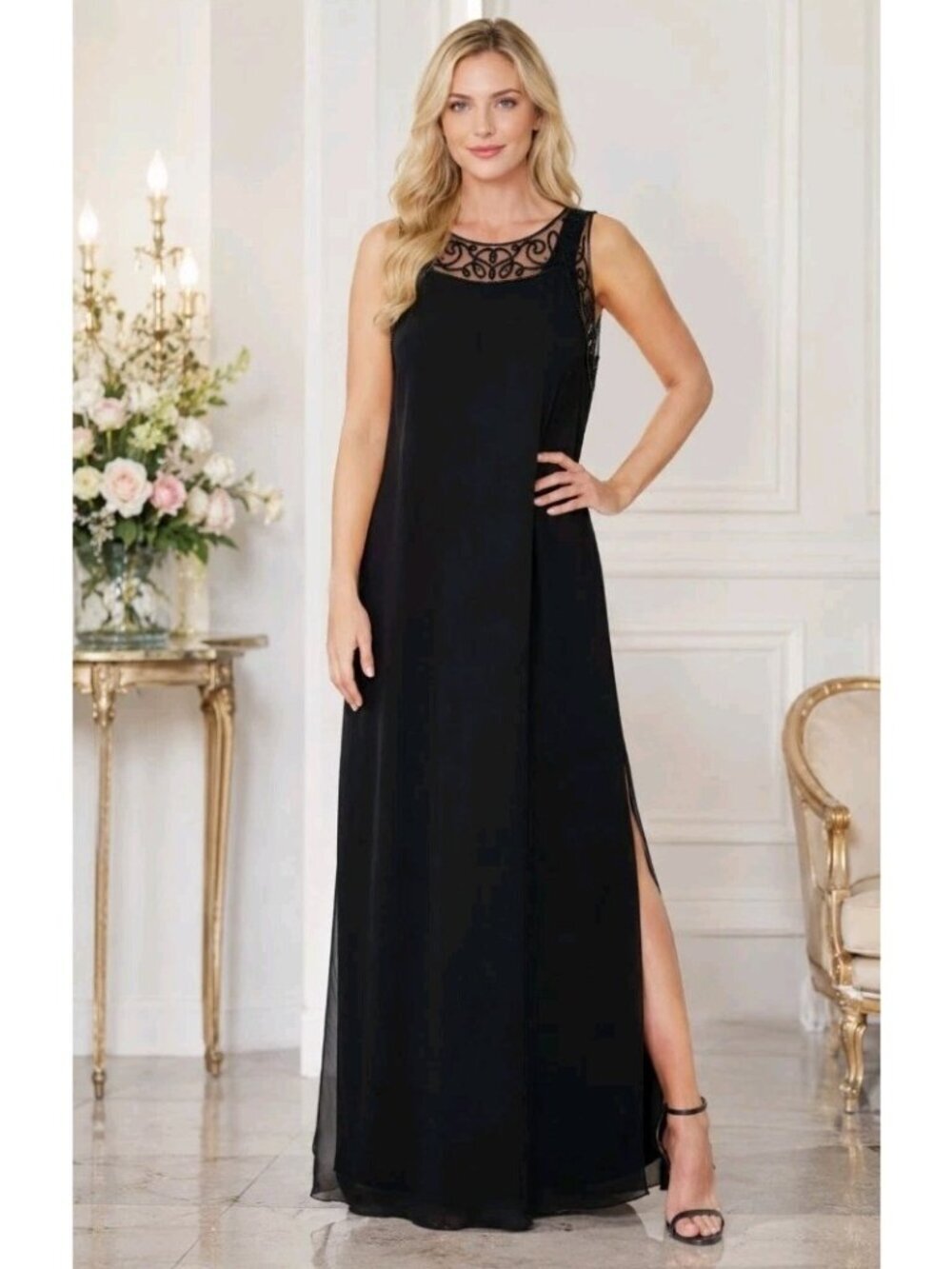 Vintage Formal Maxi Gown Dress Elegant Chiffon Beaded Event Party Flowy 14 Black